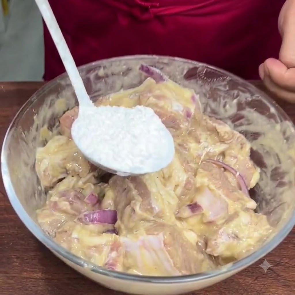 A white spoon holding a portion of glutinous rice flour over a glass bowl containing marinated ribs.
