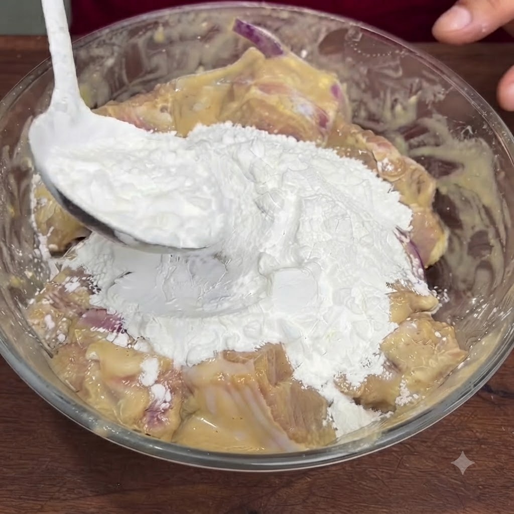A spoonful of cornstarch being poured into the glass bowl filled with marinated ribs.