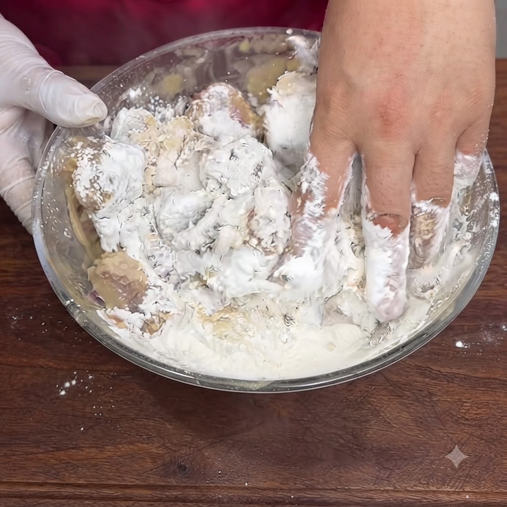 A gloved hand and a bare hand vigorously mixing the ribs and flour mixture inside a glass bowl.