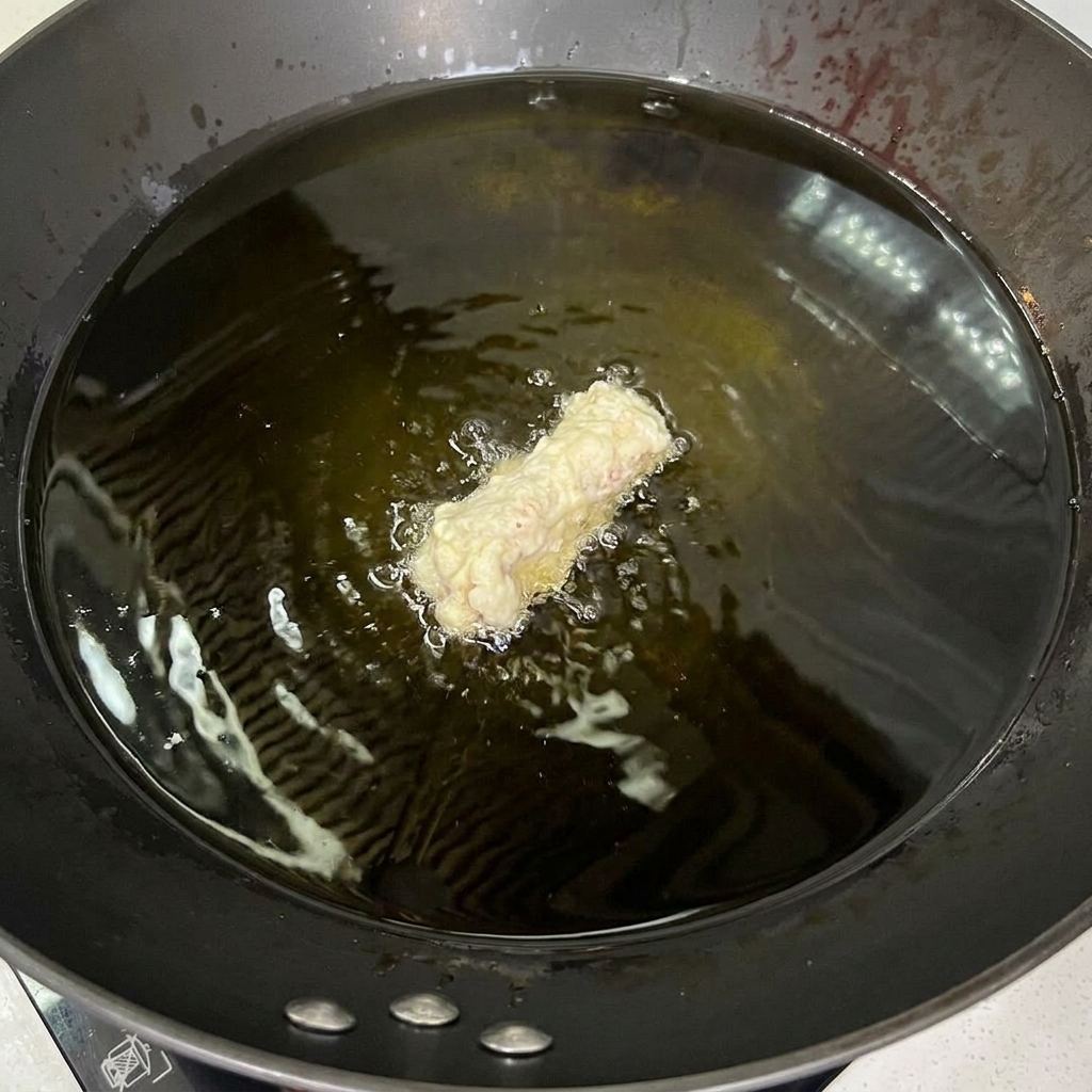 A single battered pork rib being lowered into hot, shimmering cooking oil in a black wok.