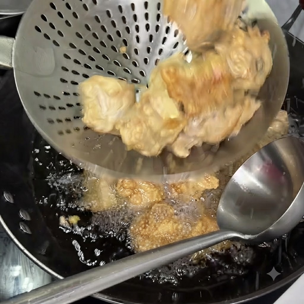 A slotted spoon lifting partially fried ribs out of hot oil while another ladle rests in the wok.