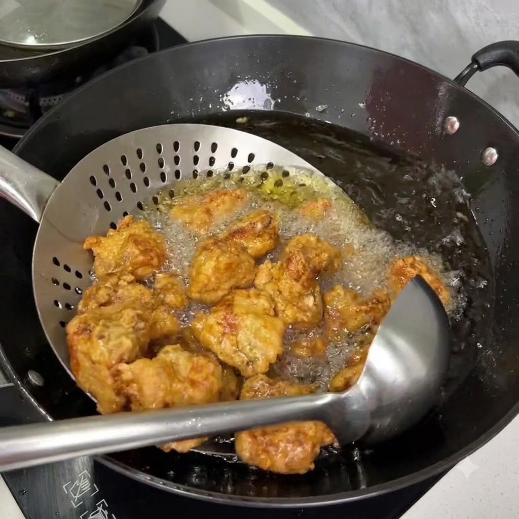 A metal slotted spoon lifting golden-brown fried ribs out of bubbling oil in a wok.