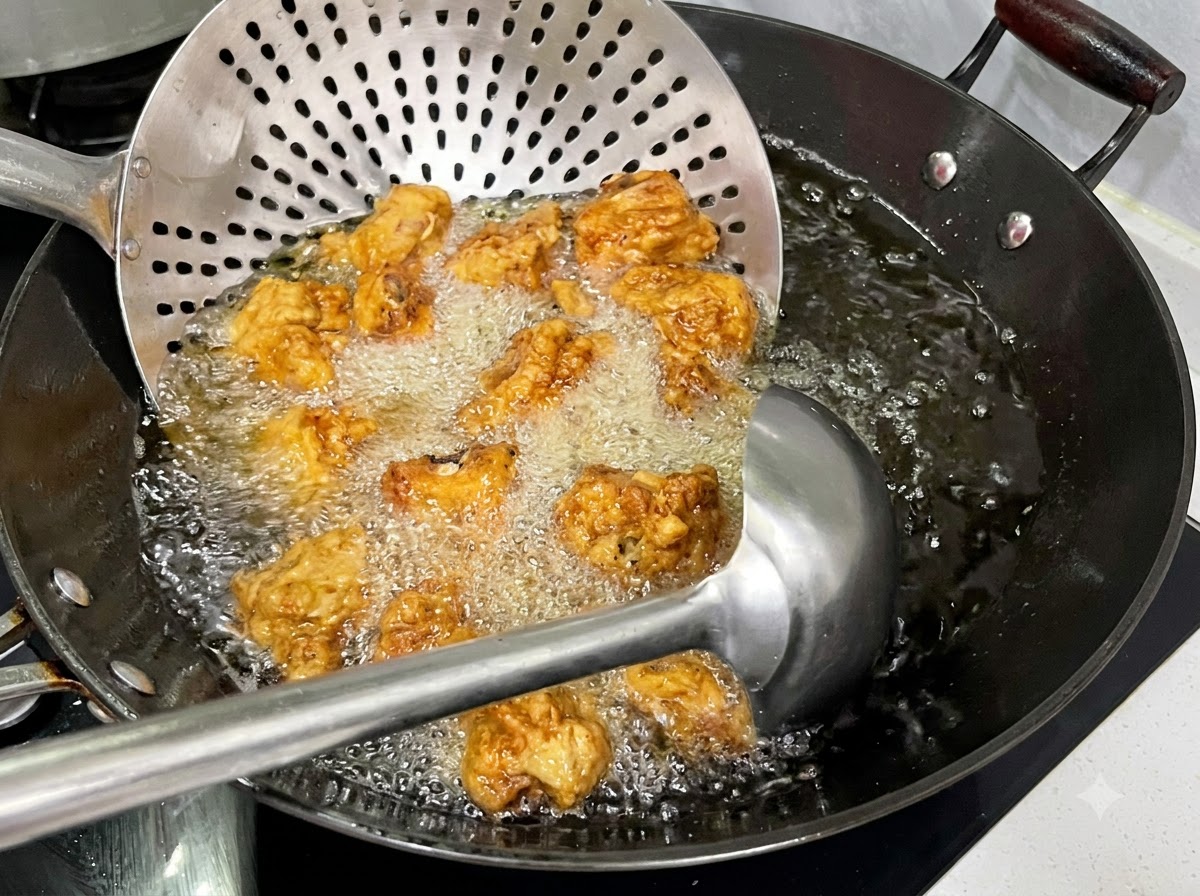 A slotted spoon holding fried ribs in vigorously bubbling, hot oil in a wok.