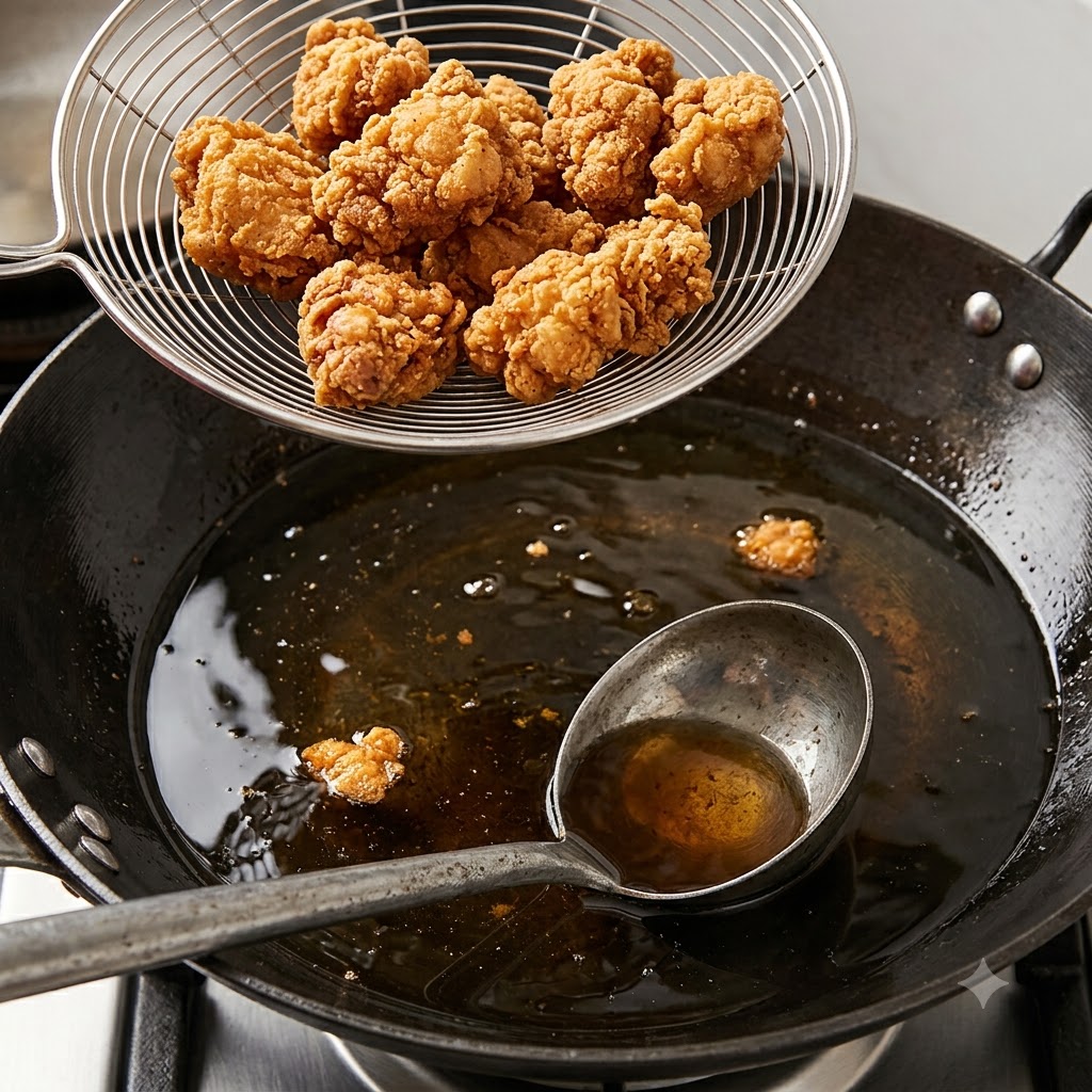 A wire spider strainer lifting deeply golden and crispy pork ribs out of the wok.