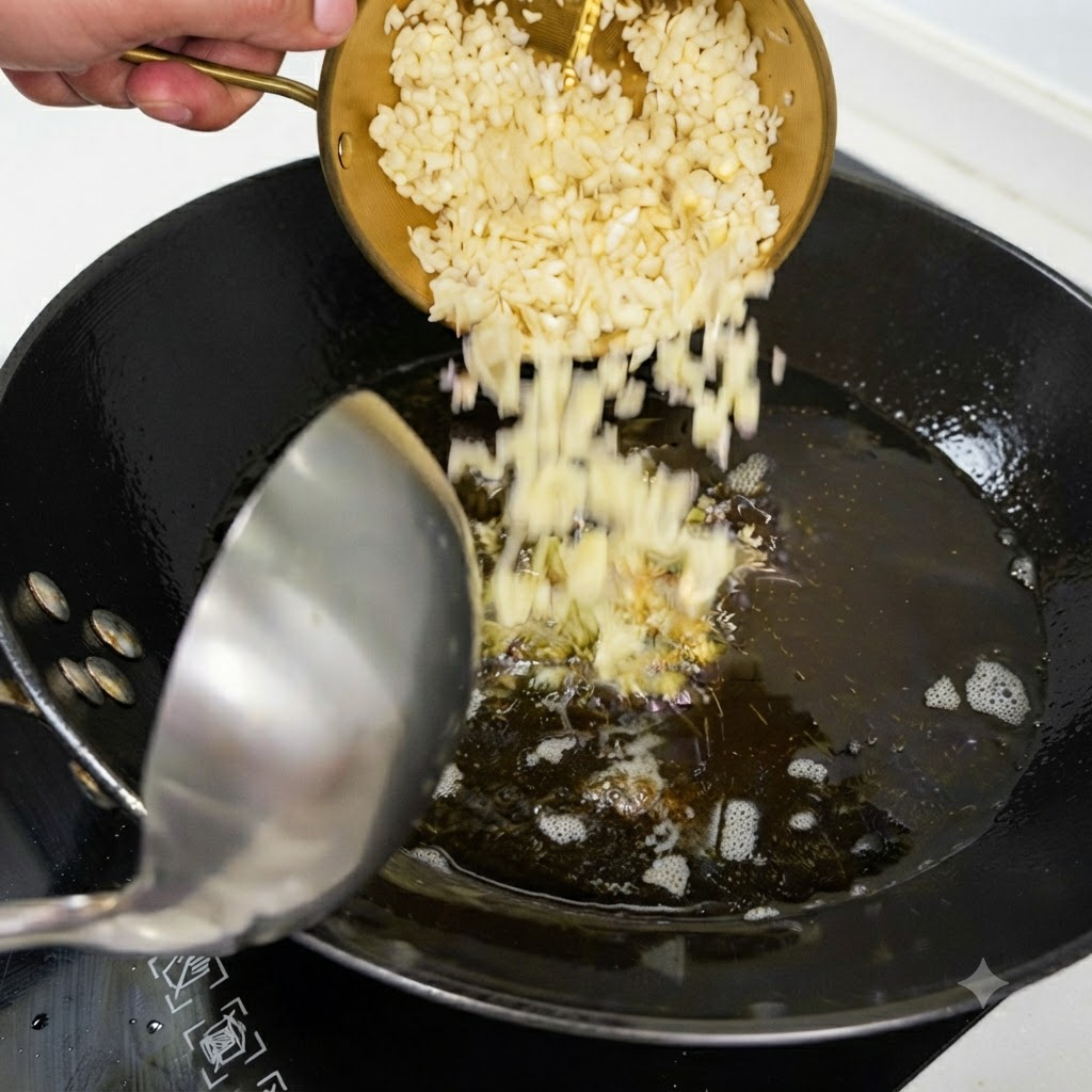 A hand pouring chopped garlic from a small brass strainer into a wok of hot oil.