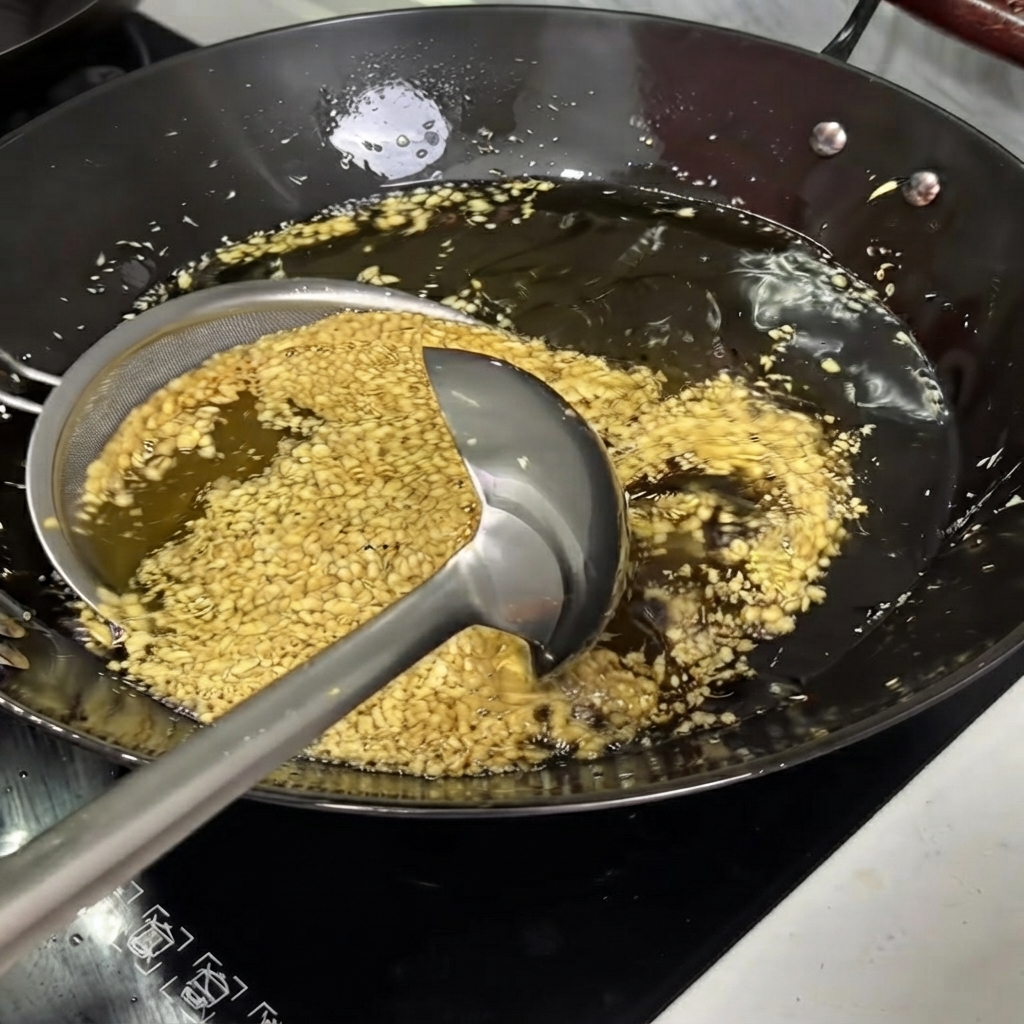 A fine mesh strainer scooping golden fried garlic from a wok filled with hot oil.