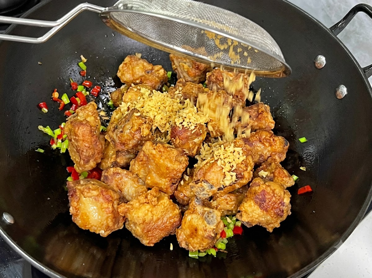Fried minced garlic being shaken out of a mesh strainer onto the fried ribs in a wok.