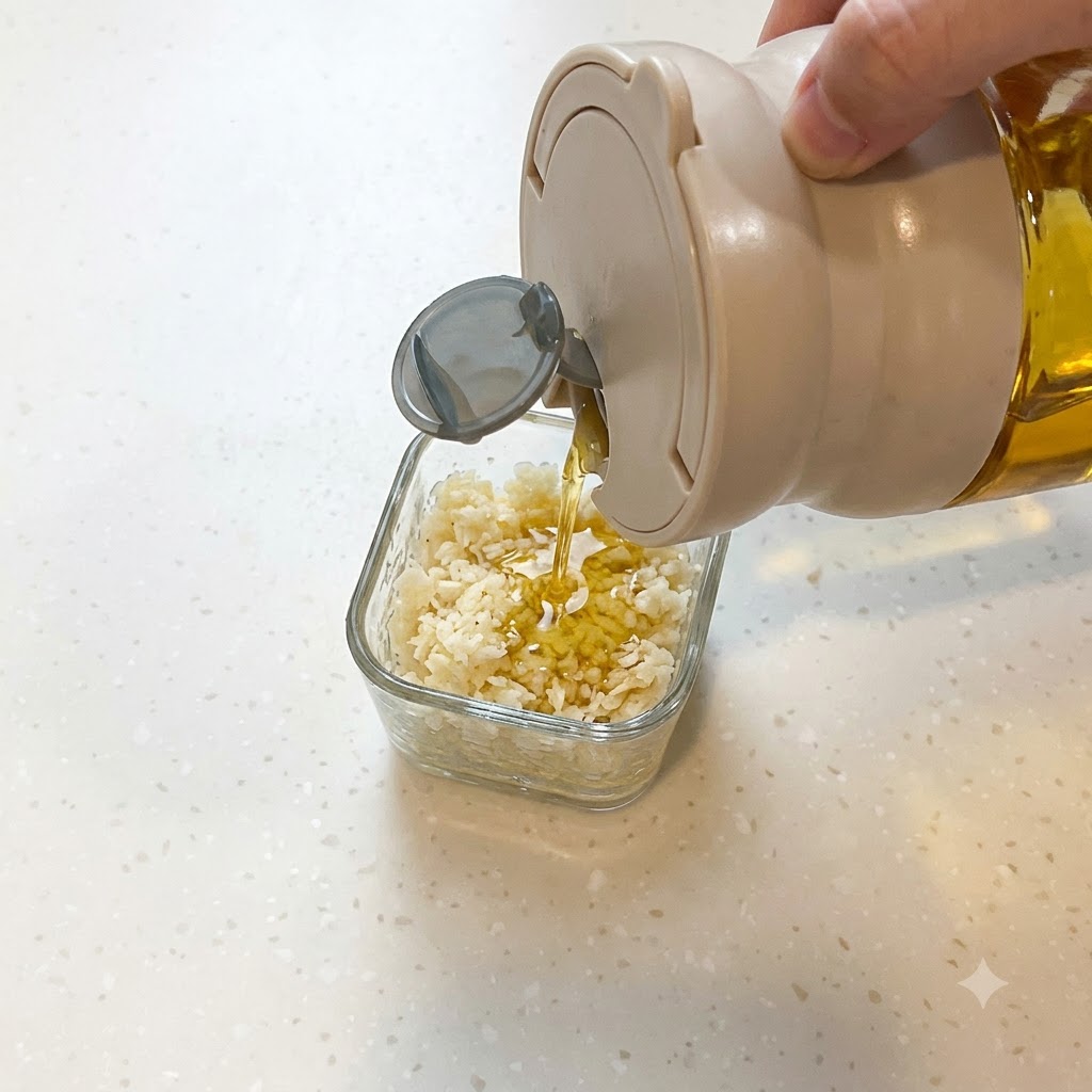 Cooking oil being poured from a dispenser into a small glass container filled with minced garlic.