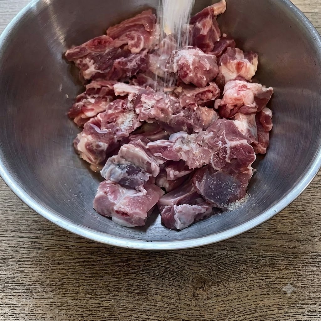Salt and seasonings being sprinkled onto raw pork rib pieces inside a stainless steel mixing bowl.