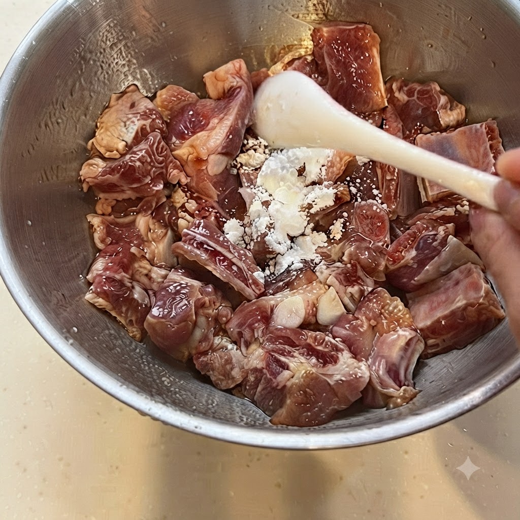 A gloved hand mixing cornstarch and seasonings into the raw pork ribs inside a metal bowl.