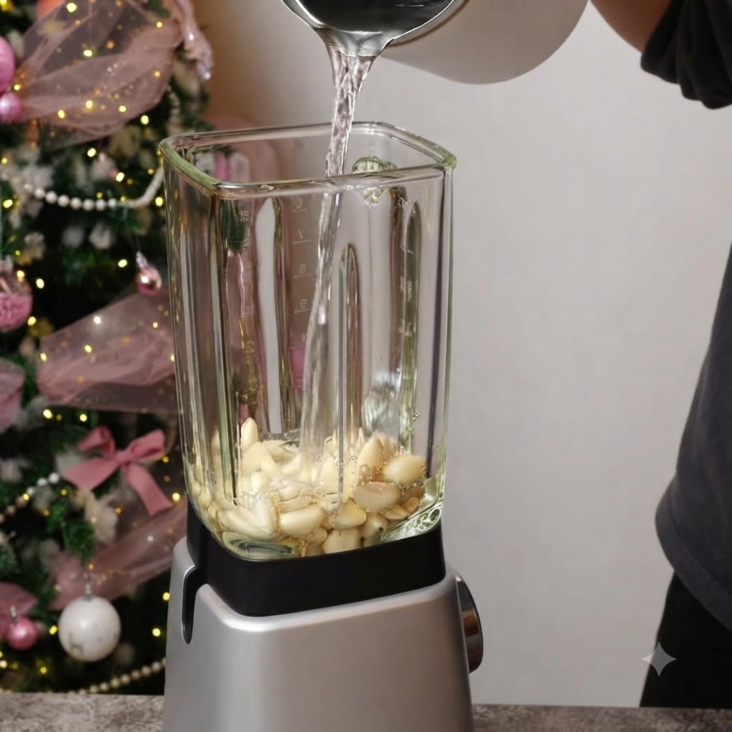 Garlic cloves being poured into a blender glass container with water being added from a pitcher.