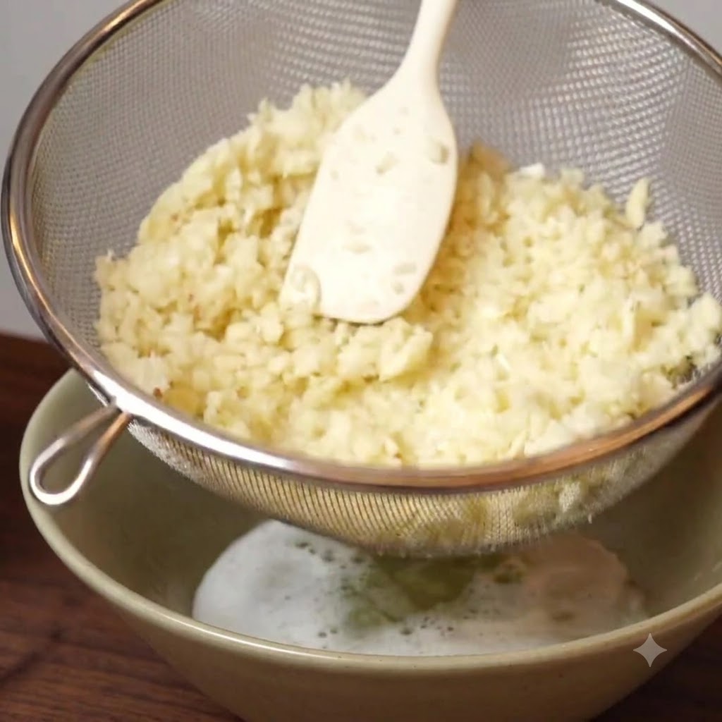 Blended garlic pulp resting inside a metal strainer basket over a ceramic bowl while being pressed down with a white silicone spatula.