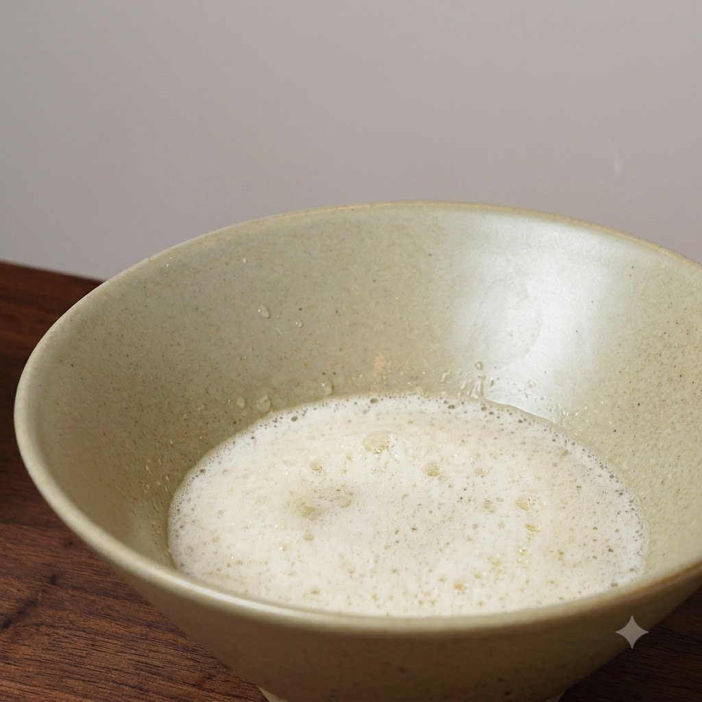 A ceramic bowl containing freshly strained cloudy garlic juice with visible froth on top.