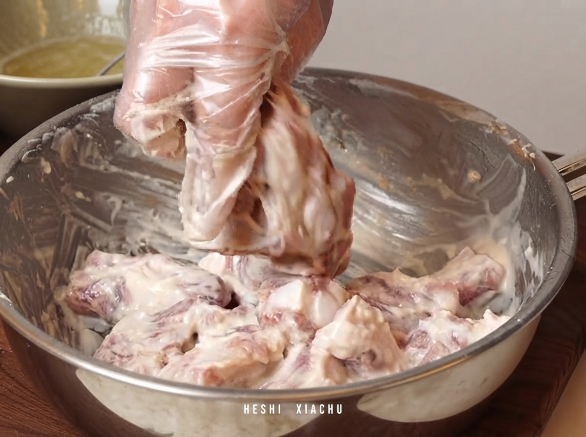 A person wearing a transparent plastic glove mixing and coating the battered pork ribs inside a metal bowl.