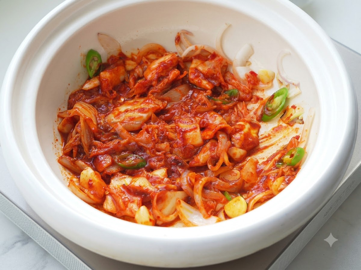 Red spicy stew base mixed with kimchi and paste simmering inside the pot.