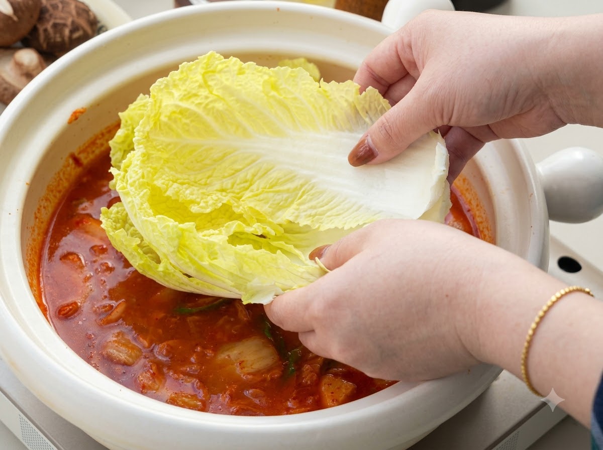 Hands placing fresh Napa cabbage leaves into the red boiling soup base.