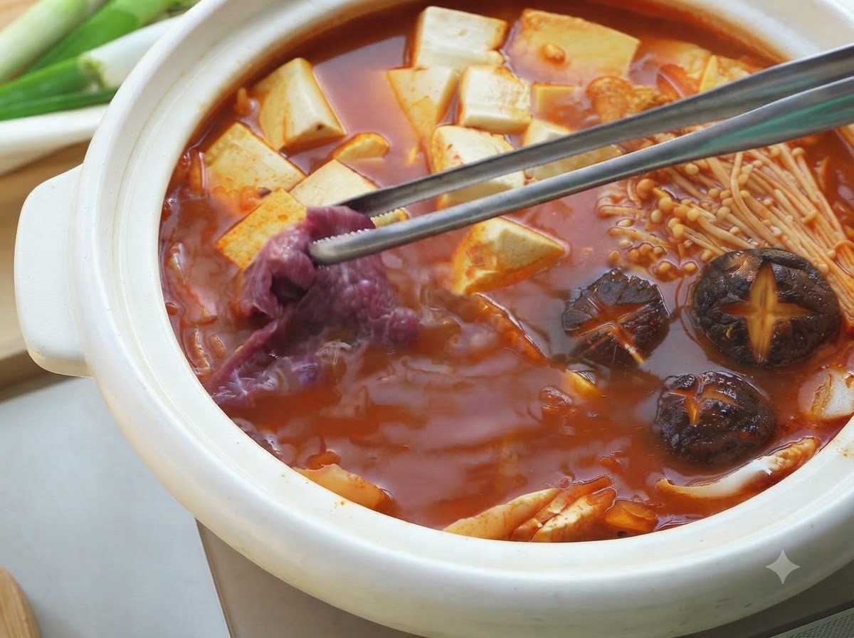 Using chopsticks to add pieces of marinated beef into a pot of bubbling red stew.