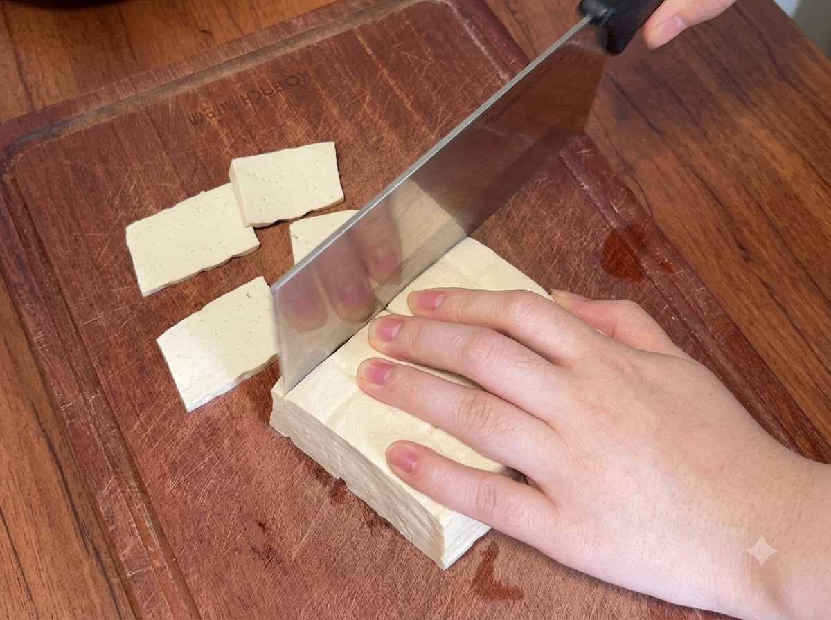 A person using a large kitchen knife to cut a block of firm white tofu into even rectangular slices on a wooden cutting board.