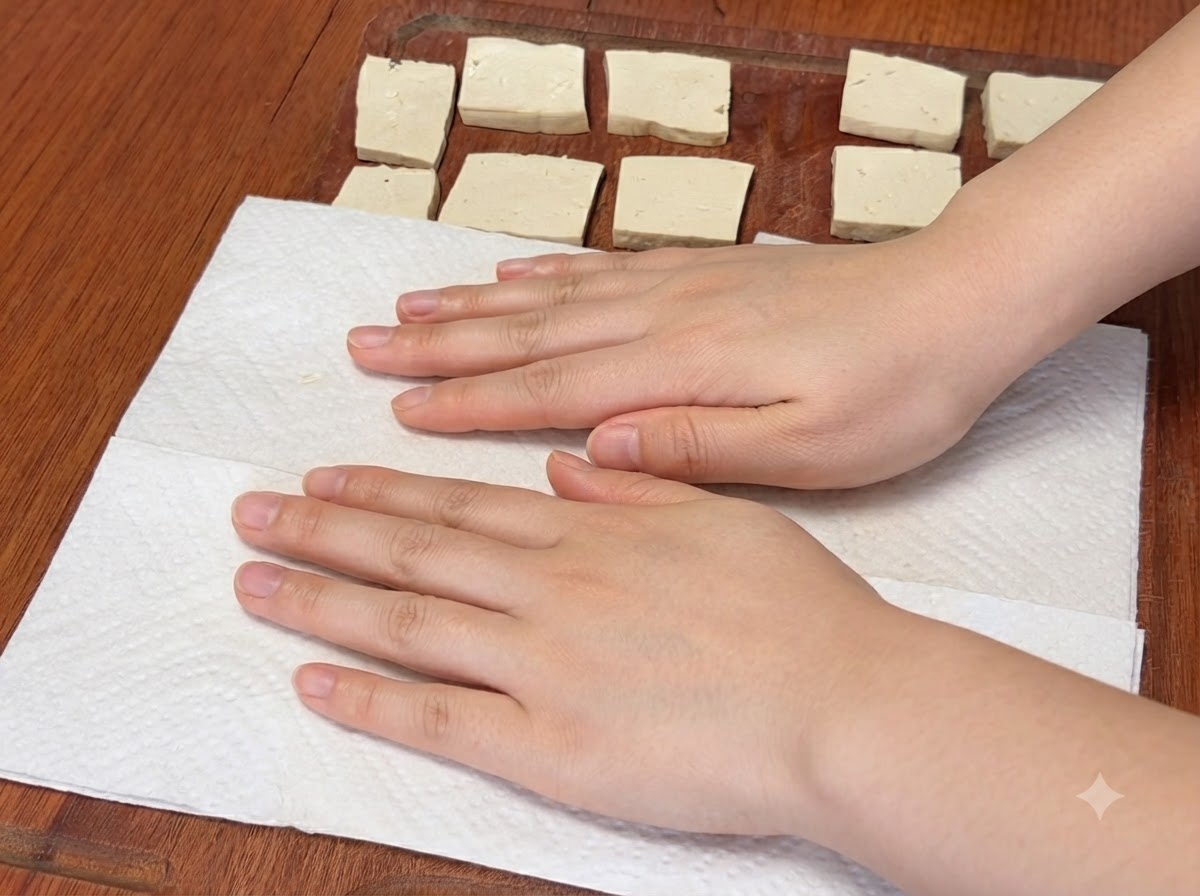 Two hands pressing down on white paper towels covering slices of raw tofu on a wooden cutting board to dry them.