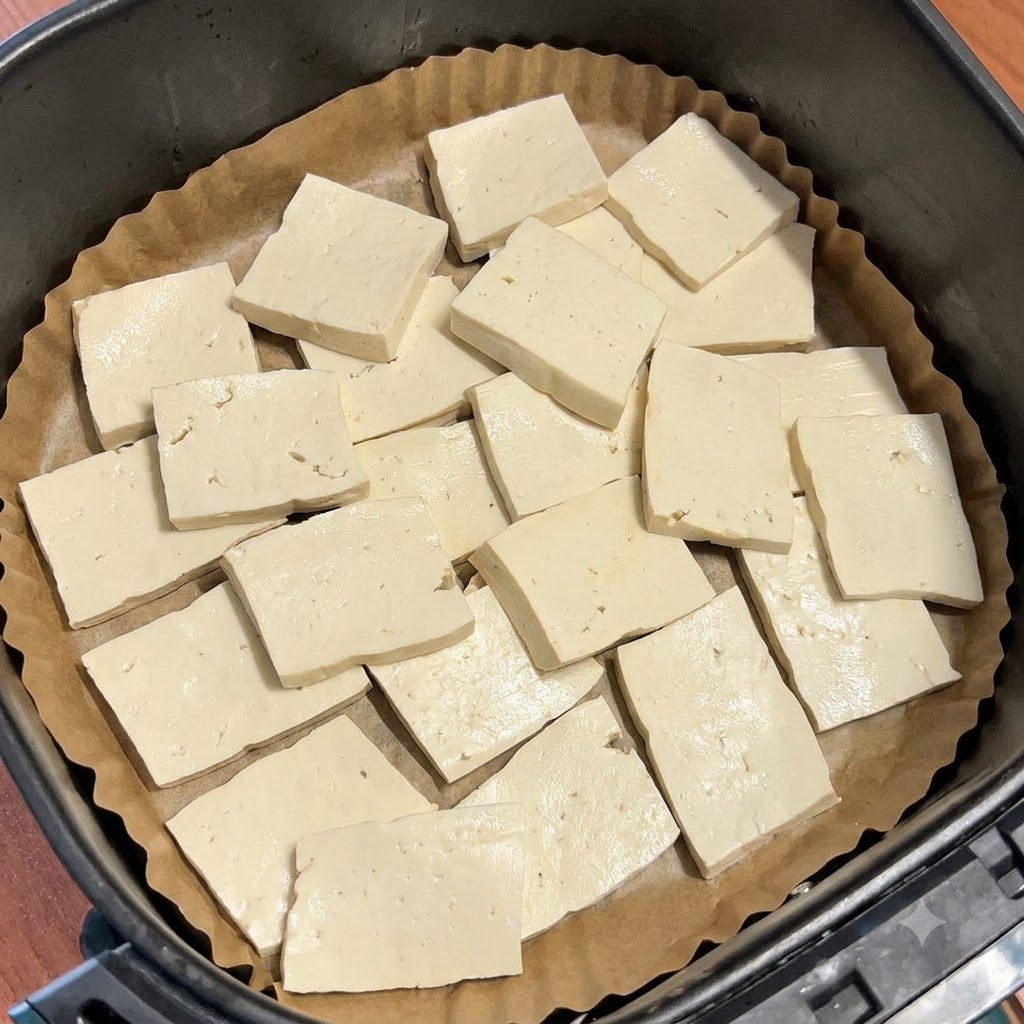 Raw, sliced firm tofu arranged flat on parchment paper inside an air fryer basket.