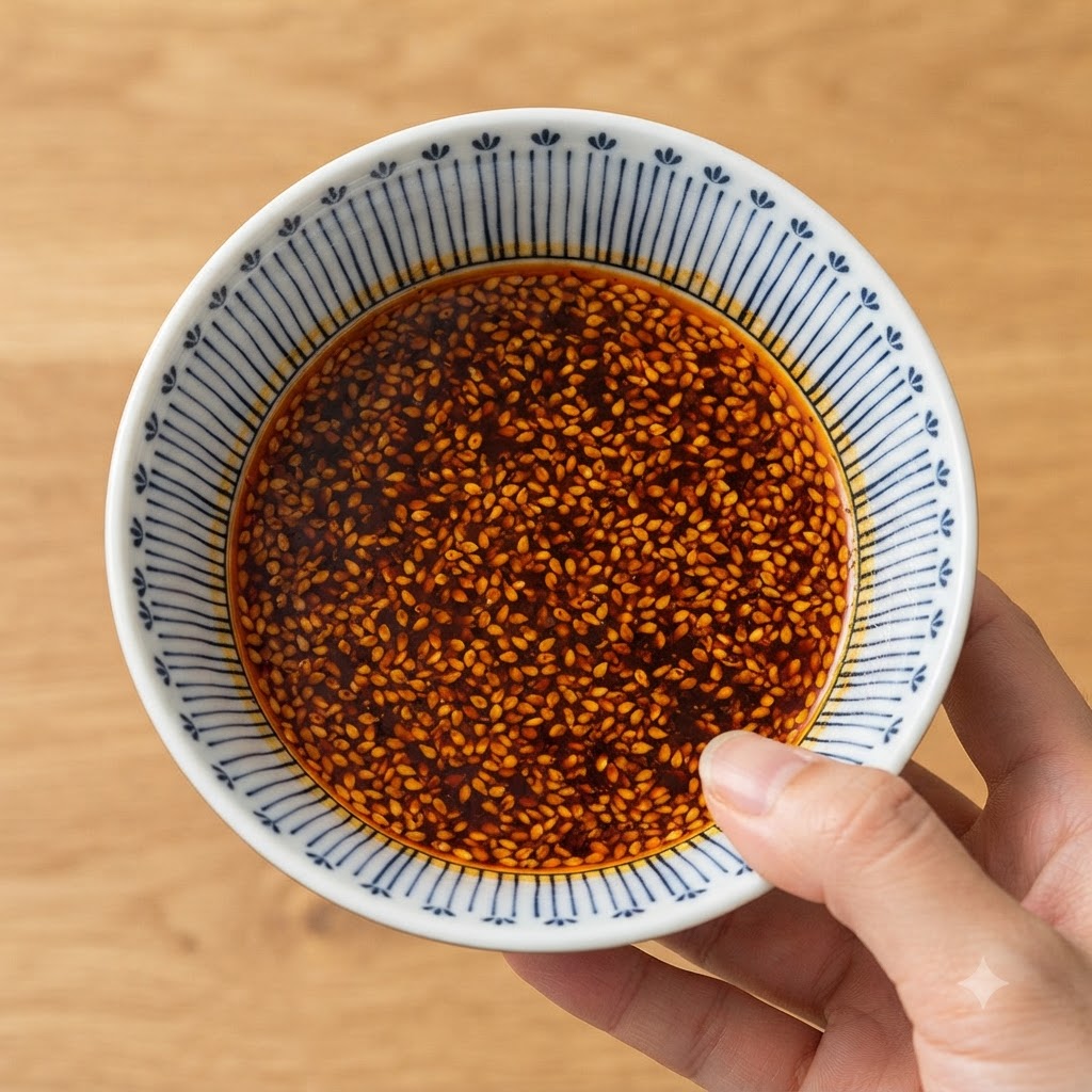 A hand holding a small patterned bowl filled with a dark red sauce mixed with white sesame seeds.