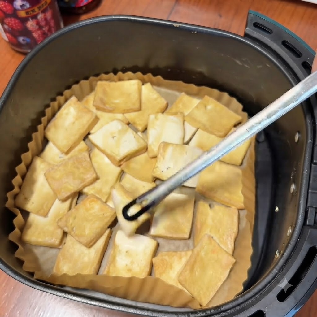 Metal tongs flipping lightly browned, partially cooked tofu slices resting on parchment paper inside an air fryer basket.
