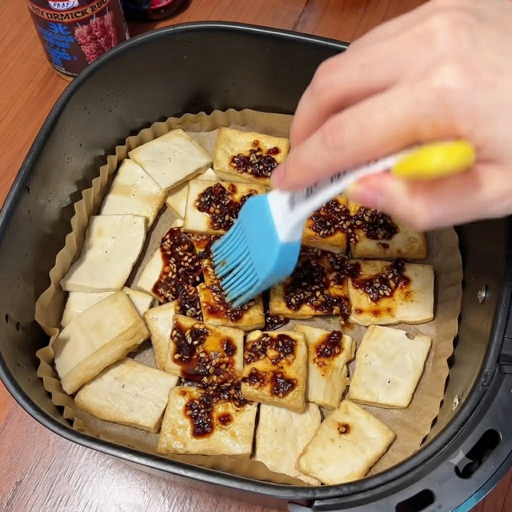 A hand using a blue silicone brush to spread a dark red chili and sesame sauce over flipped tofu slices in an air fryer.