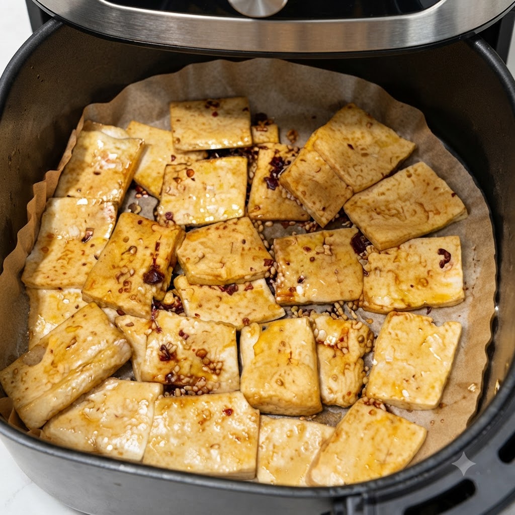 Tofu slices in an air fryer basket being sprayed with oil before the final round of roasting.