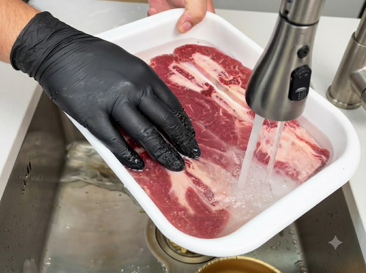 Gloved hands washing raw bone-in short ribs submerged in a white container of water under a running faucet.