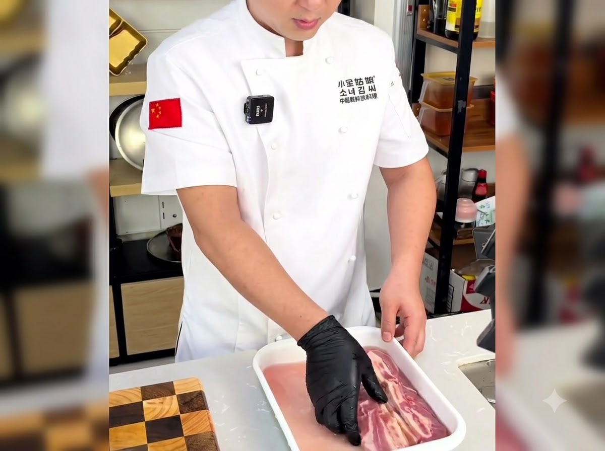A gloved hand carefully rinsing bone-in short ribs in a tray of water to clean off excess blood.