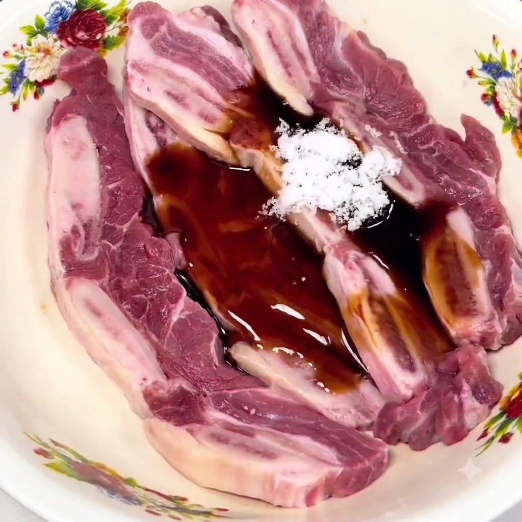Raw bone-in short ribs in a patterned bowl topped with dark soy sauce, white sugar, and various liquid seasonings.
