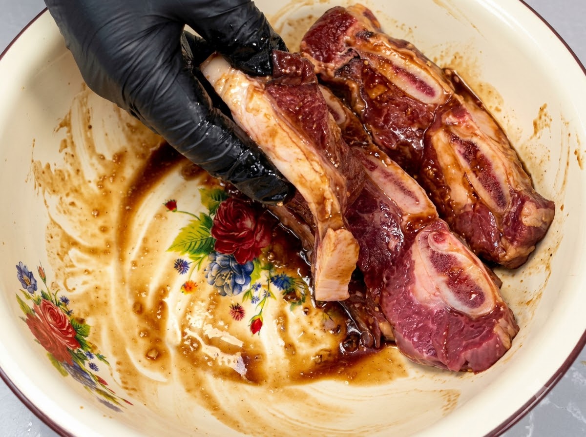 A black-gloved hand thoroughly massaging a dark marinade into raw pieces of bone-in short ribs inside a bowl.