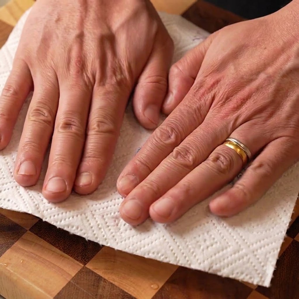 Hands pressing paper towels onto raw beef short ribs on a wooden cutting board.