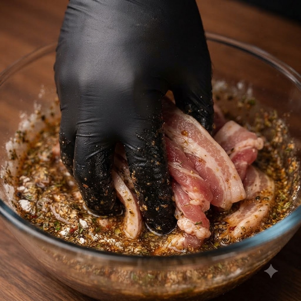 A gloved hand mixing raw beef short ribs with marinade ingredients in a glass bowl.
