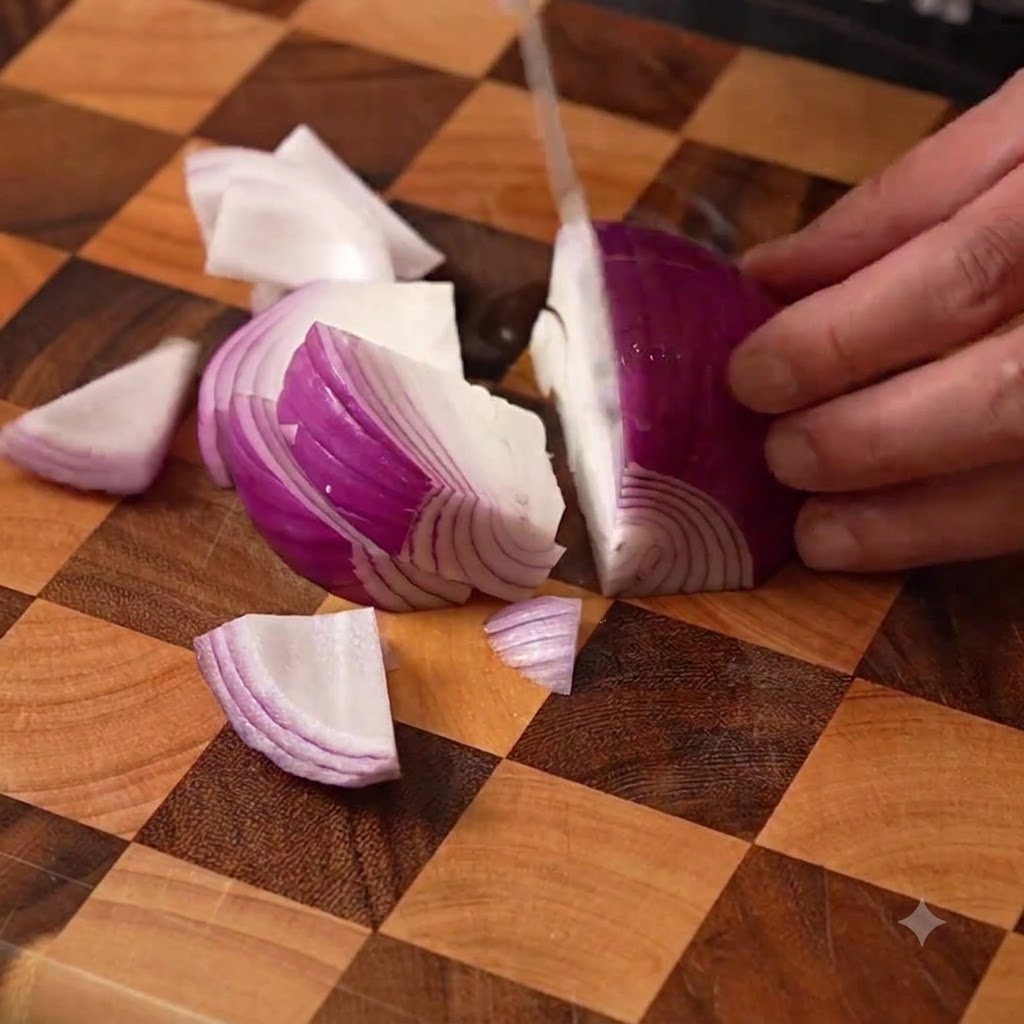 An onion being chopped into large chunks on a wooden cutting board with a knife.