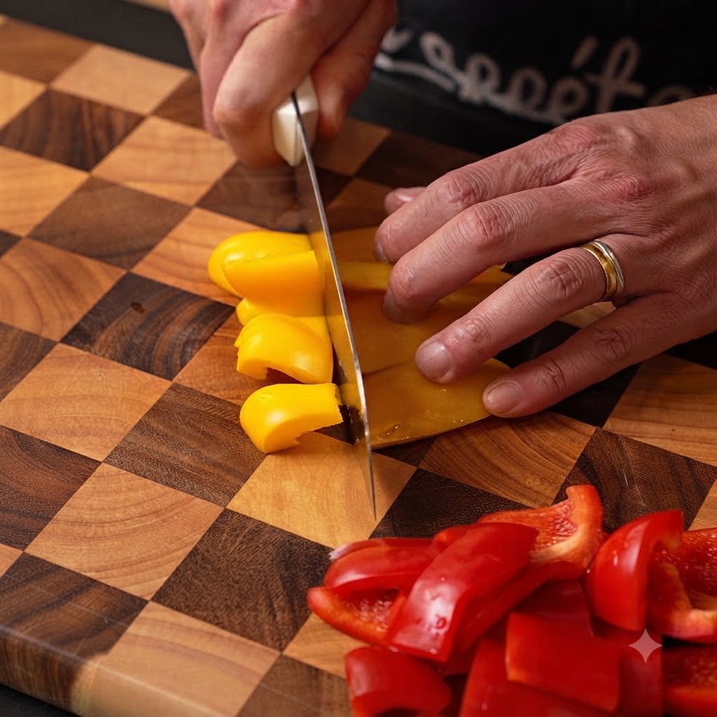 A yellow bell pepper being sliced into large pieces on a cutting board next to chopped red bell peppers.