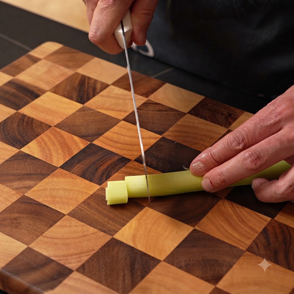 Spring onions being sliced into short one-centimeter sections with a knife on a cutting board.
