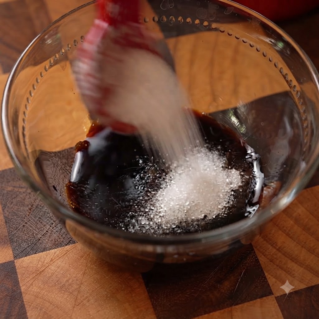 A small glass bowl containing black pepper sauce ingredients while a red spoon pours sugar into the mix.