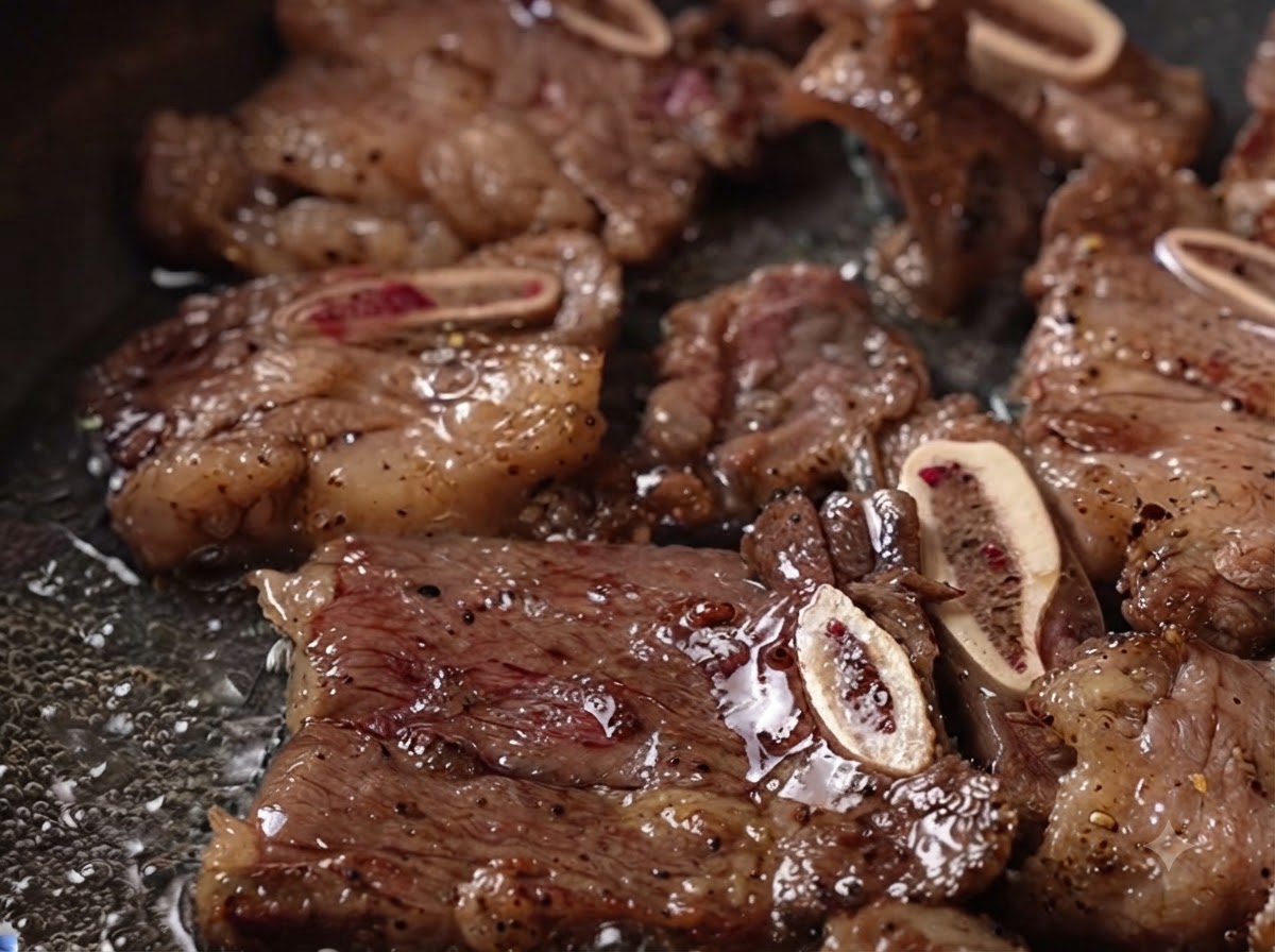 Marinated beef short ribs with bone sections cooking and browning in a skillet.