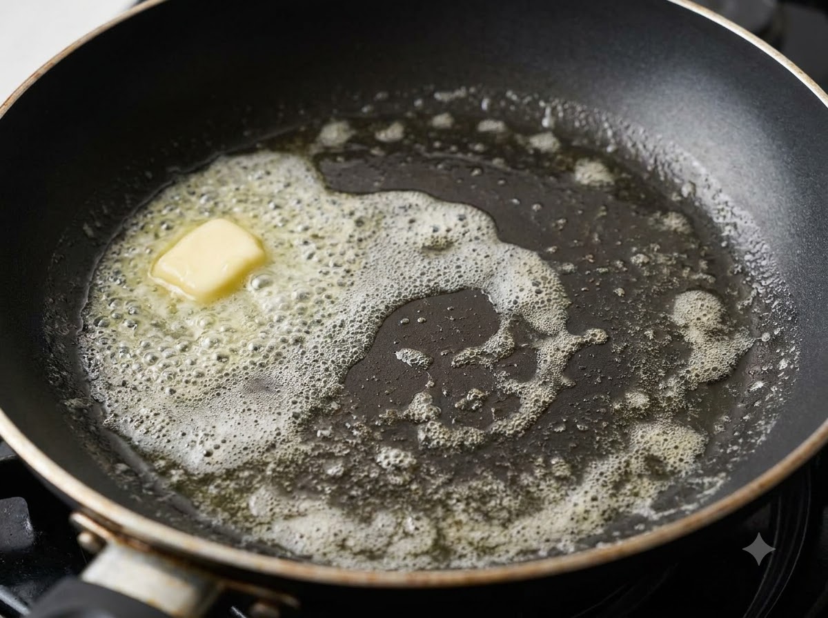 A small knob of butter melting and foaming in a hot skillet.