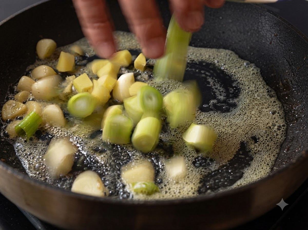 Chopped spring onions, garlic cloves, and diced ginger being added into melted butter in a pan.