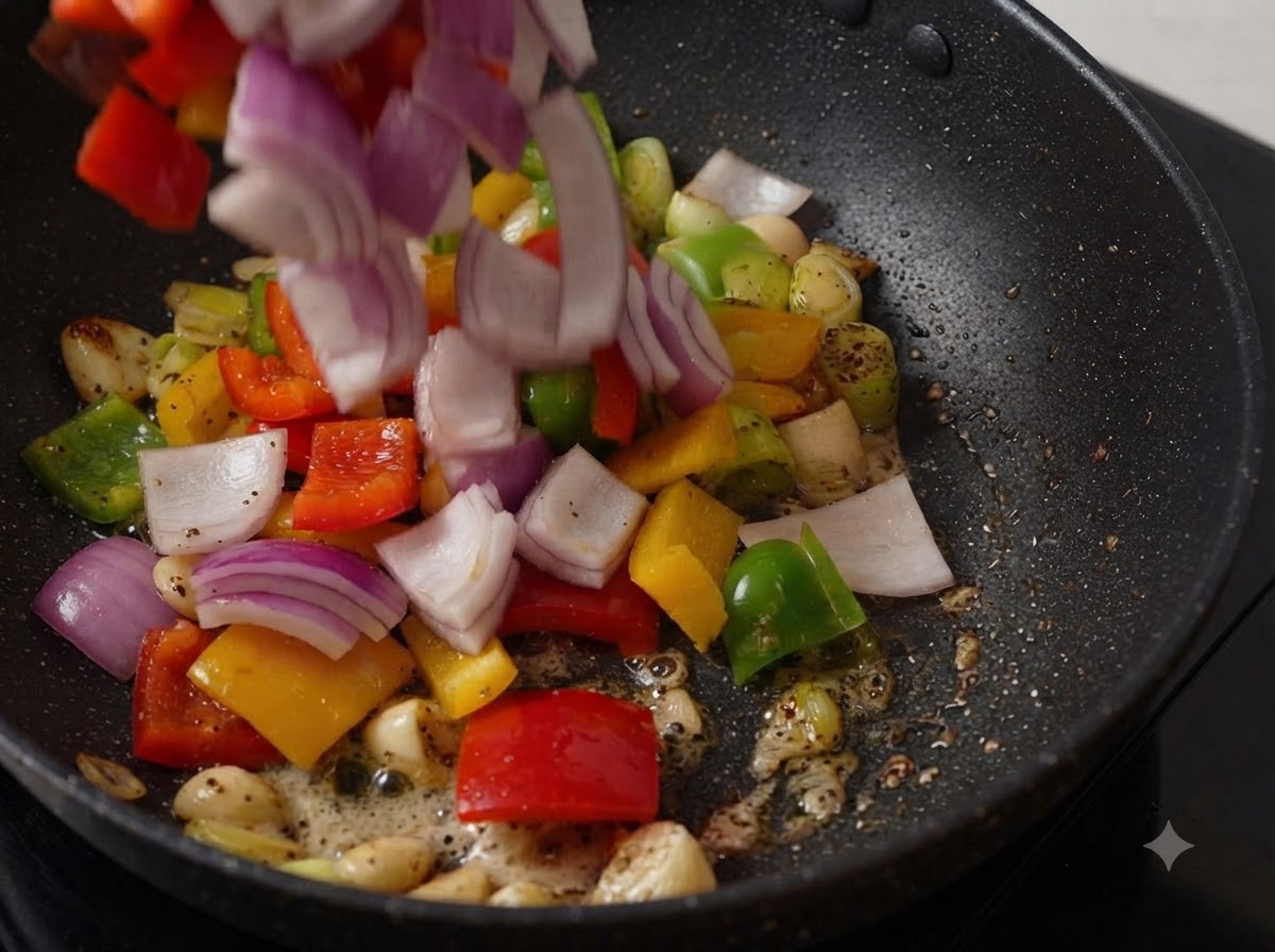 Chopped purple onions and multi-colored bell peppers being tossed into a skillet with sautéed aromatics.