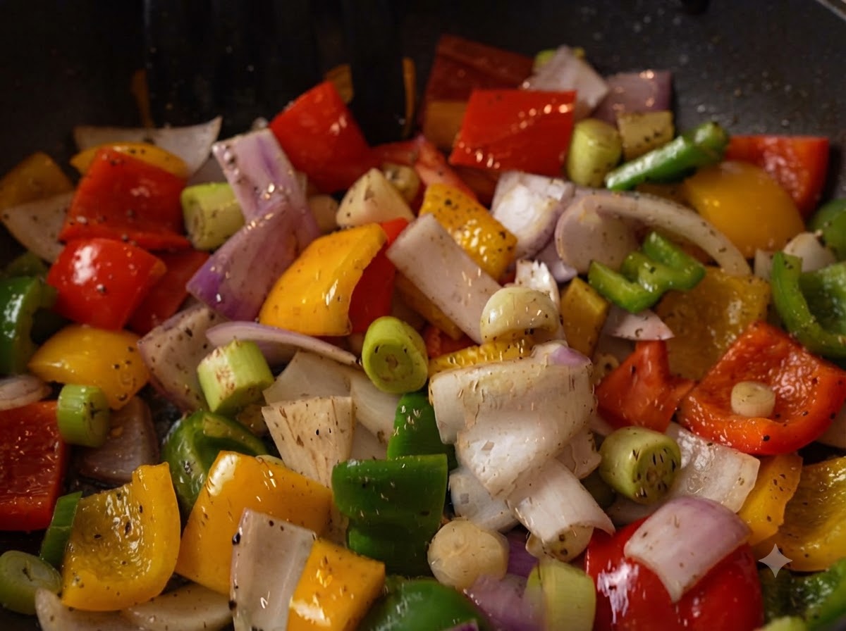 Beef short ribs combined with bell peppers and onions in a frying pan.