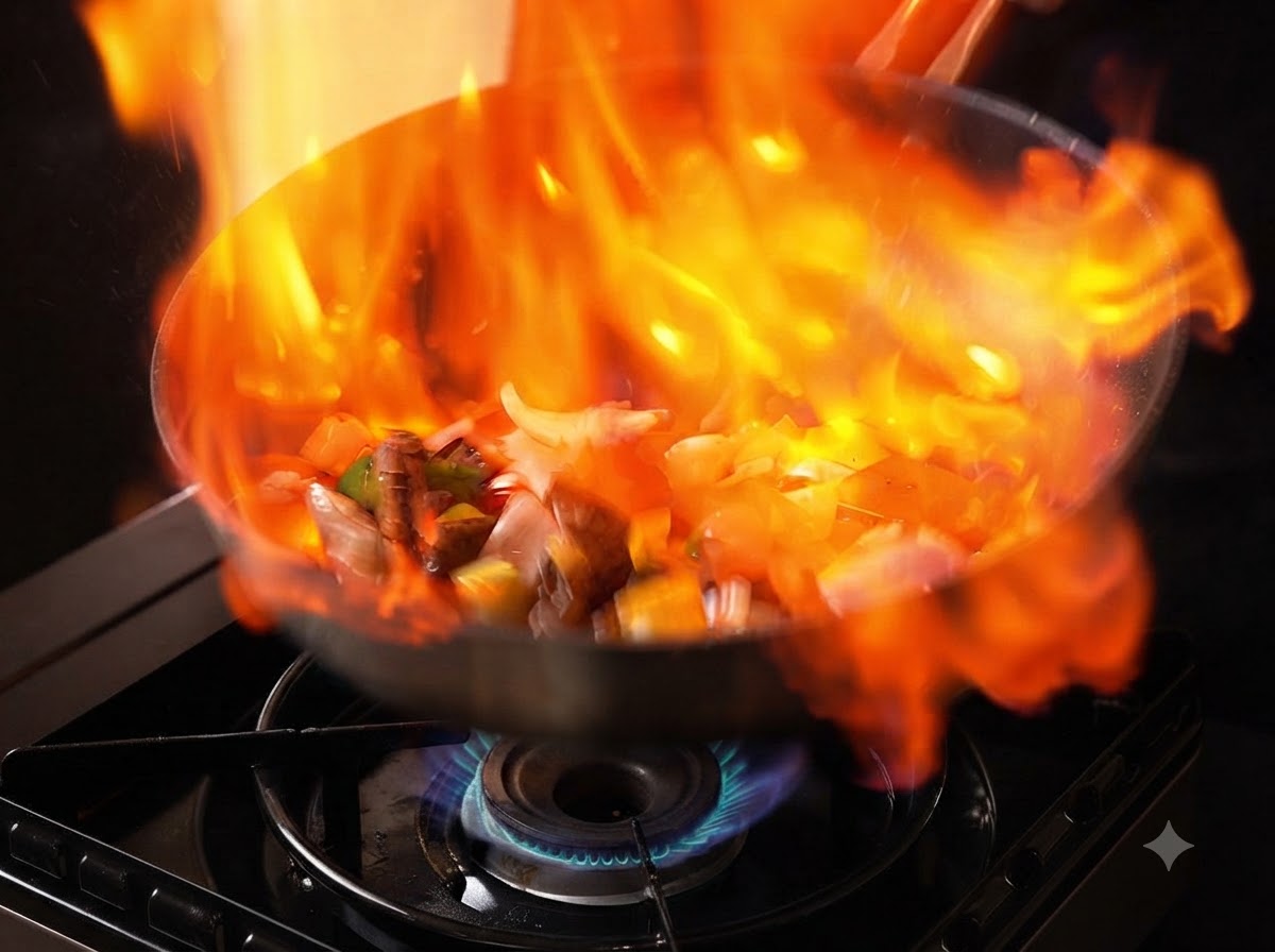 A large flame engulfs the pan during the flambeing process with beef and vegetables.