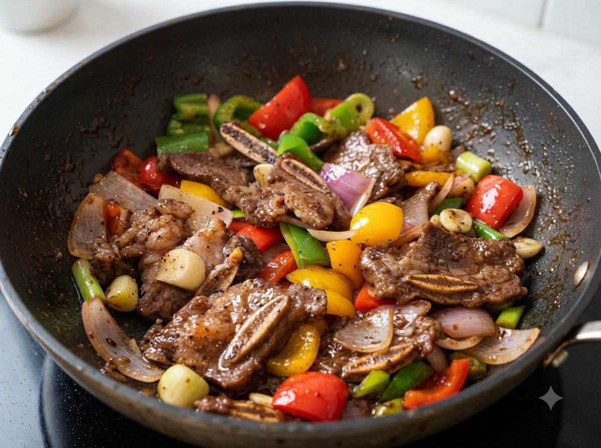 Dark black pepper sauce being poured over beef short ribs and vegetables in a pan.