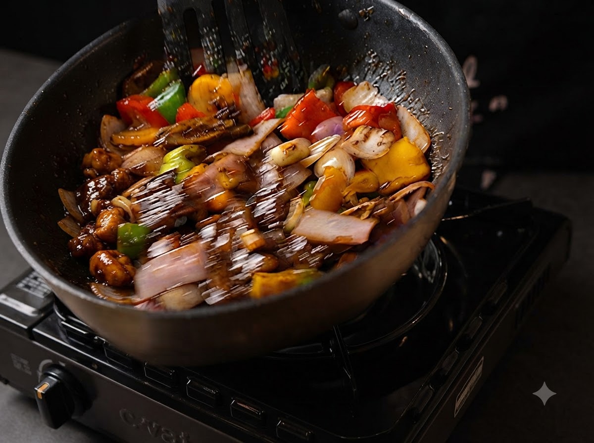 Spatula tossing beef and vegetables in a thick, glossy black pepper sauce.