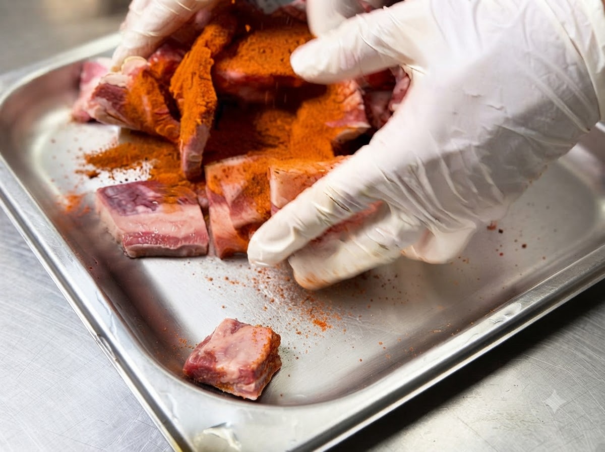 Gloved hands mixing red seasoning powder and oil into raw beef short ribs in a metal tray.