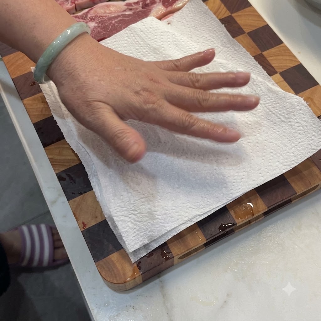 A hand pressing paper towels onto raw beef short ribs on a cutting board to remove moisture.