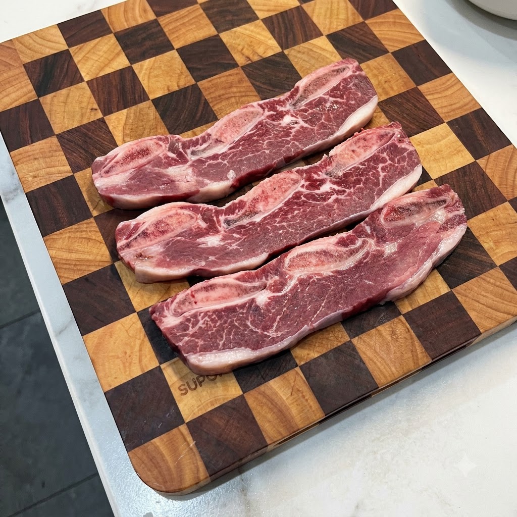 Raw beef short ribs laid out neatly on a wooden checkered cutting board, ready for cutting.