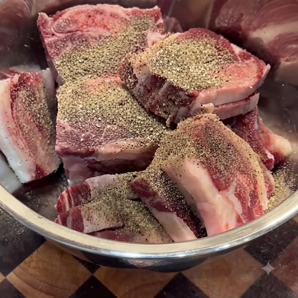 Raw beef pieces inside a metal bowl generously covered with black pepper.